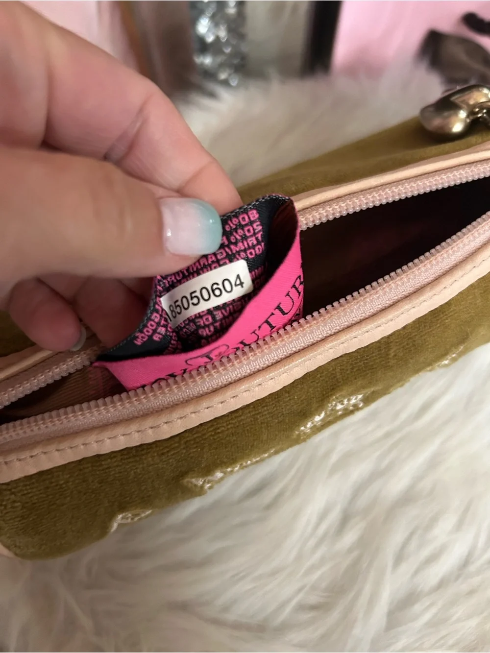 Y2K Vintage 2004 Juicy Couture Olive Green Velour Pink Leather Barrel Bag